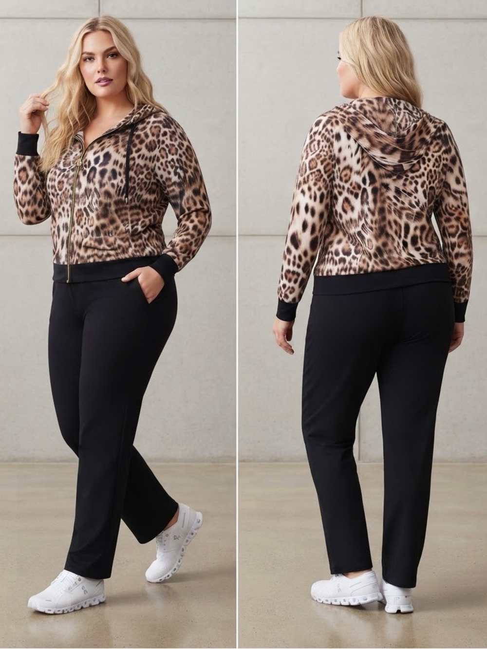 NWT WOMEN'S PLUS SIZE LYCRA TRACKSUIT 2PC SET HOODED JACKET/BLACK PANTS ANIMAL